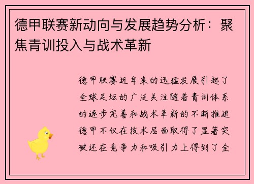 德甲联赛新动向与发展趋势分析：聚焦青训投入与战术革新