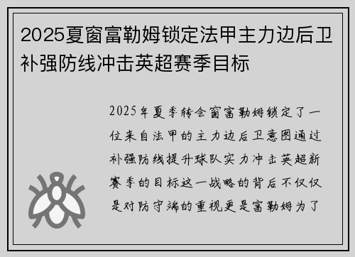 2025夏窗富勒姆锁定法甲主力边后卫补强防线冲击英超赛季目标 2025夏窗富勒姆锁定法甲主力边后卫补强防线冲击英超赛季目标